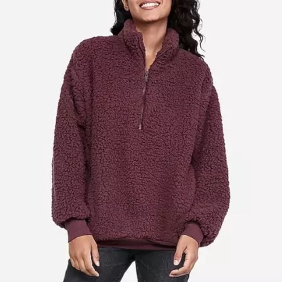 Tops - Express Fuzzy Sherpa Jacket Pullover Quarter zip Oversized Merlot Cranberry Plum